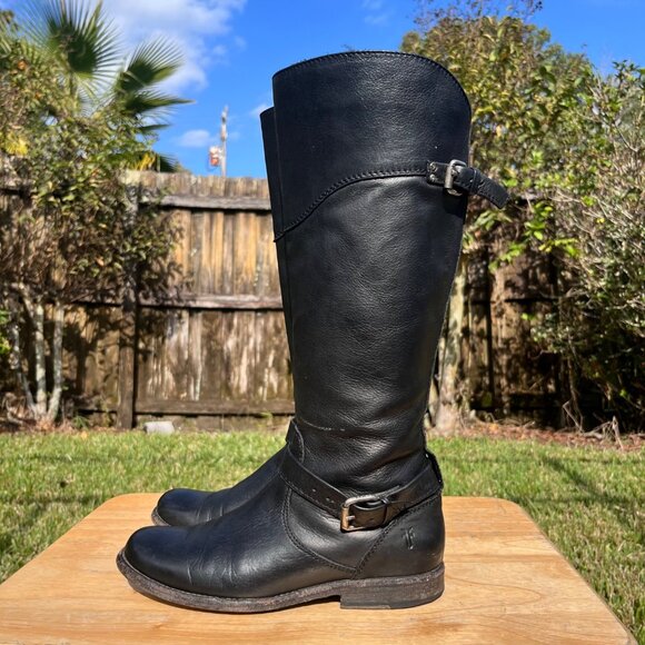 Frye Phillip Black Leather Knee High Buckle Riding Boots Size 6.5 B